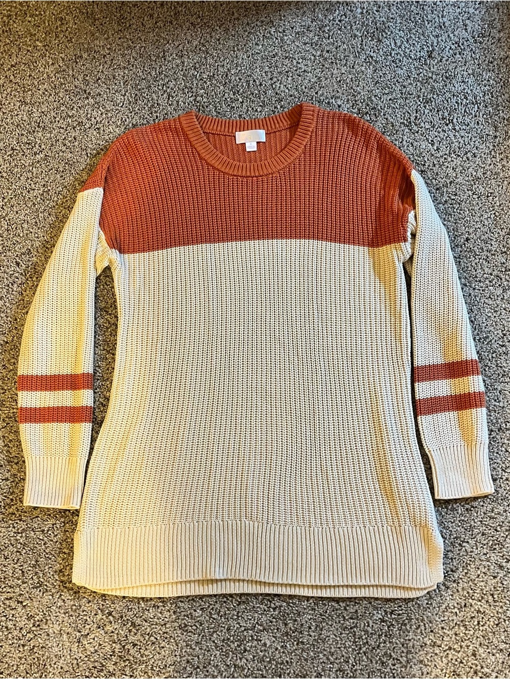 Belle Kim Gravel Colorblock Crewneck Sweater - Rust and Cream